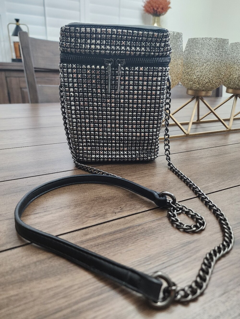 Madison West Black and Silver Crossbody Rhinestone Evening Bag
